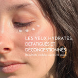 Résultats visibles en 15 jours pour hydrater, défatiguer et décongestionner le contour des yeux.